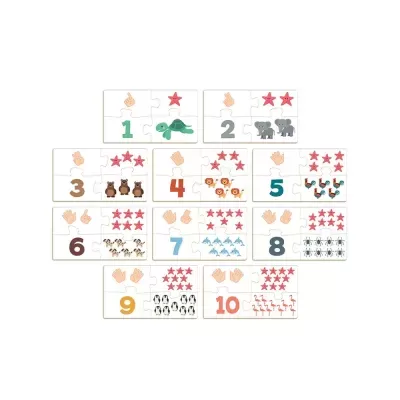Conjunto de puzzles com números, mãos, estrelas e animais distintos