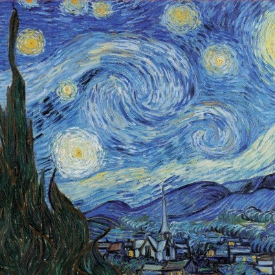 Pintura a óleo de um céu noturno estrelado com vila e cipreste