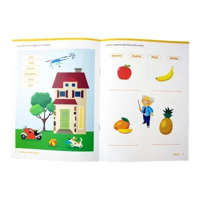 Livro infantil aberto com ilustrações de casa, motos, frutas e texto em português.