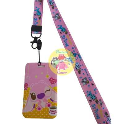 Cartão de identificação com personagem de desenho animado e fita com padrão Stitch cor-de-rosa
