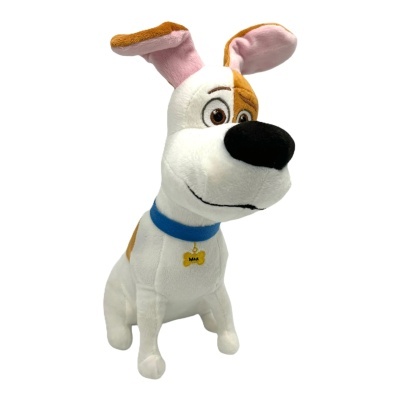 Pelúcia de cão branco com manchas castanhas e colar azul