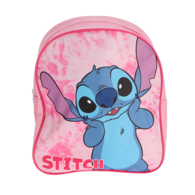 Mochila rosa tie-dye com ilustração do personagem Stitch azul e roxo e texto STITCH
