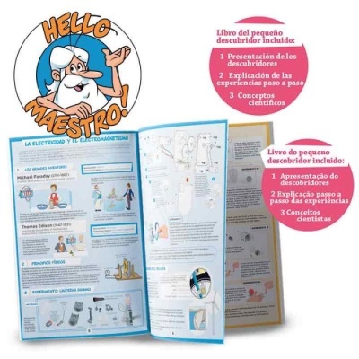Livro 'Hello Maestro!' aberto mostrando conteúdo educativo sobre eletricidade com texto em português e espanhol.