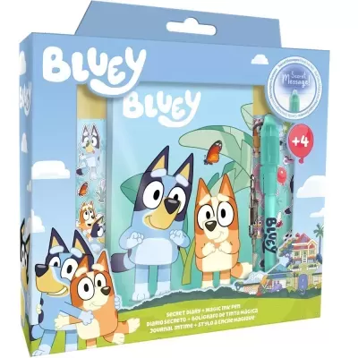 Conjunto diário secreto Bluey com caneta mágica e ilustrações dos personagens em embalagem azul