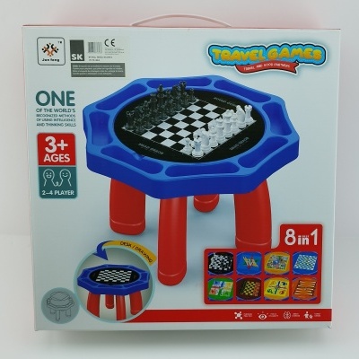 Jogo de tabuleiro 8 em 1 em forma de mesa azul com pernas vermelhas e peças de xadrez