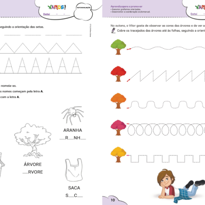 Páginas de livro infantil com exercícios de traçado e identificação da letra A