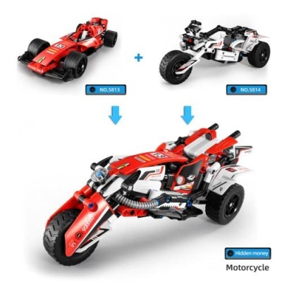 Brinquedos de construção de carro de corrida vermelho e veículo off-road branco e preto que se combinam numa mota