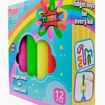 Caixa colorida de brinquedos sensoriais Tubes 12 peças em cores rosa, verde, amarelo e vermelho