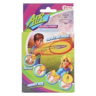 Embalagem de frisbee dobrável amarelo e vermelho com ilustrações de jovens usando o produto