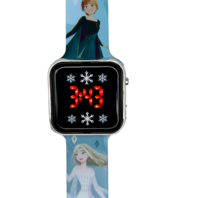 Relógio digital com número vermelho e pulseira azul com personagens Frozen