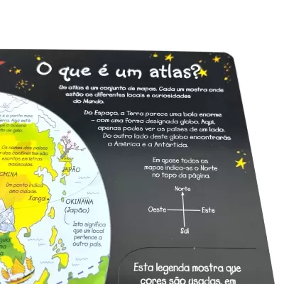 Página de livro infantil explicando atlas com mapa colorido e texto em português.