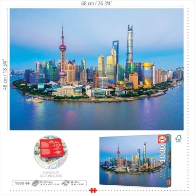 Puzzle de 1000 peças com imagem da cidade de Xangai e embalagem azul