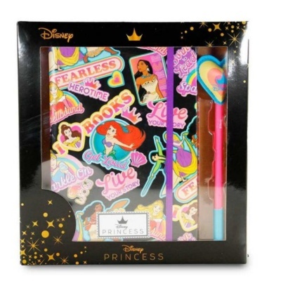 Conjunto Disney Princess com caderno de autocolantes e caneta em caixa preta decorada