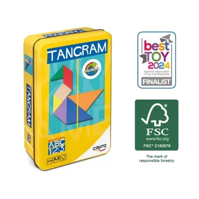 Caixa metálica amarela de tangram educativo com peças coloridas e selos de certificação