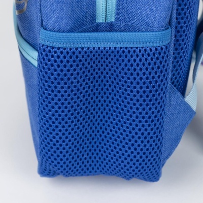Bolso lateral de mochila azul com tecido de malha e fecho azul claro