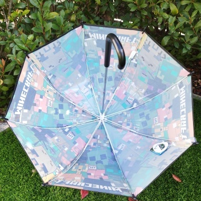Guarda-chuva transparente com padrão Minecraft colorido e cabo preto