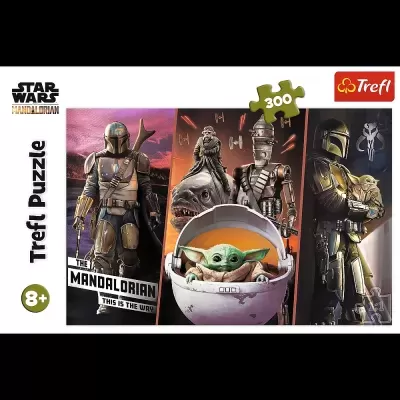 Caixa de puzzle Trefl Star Wars Mandalorian com 300 peças e imagens de personagens principais.