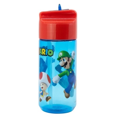 Garrafa de plástico azul com tampa vermelha e personagens Luigi e Toad do Mario