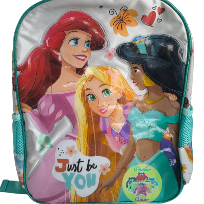 Mochila infantil com personagens Disney e texto motivacional.