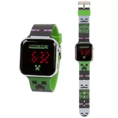 Relógio digital verde e cinza com padrões Minecraft e mostrador preto com números vermelhos