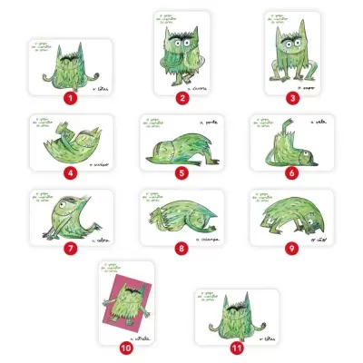 Cartas ilustradas com monstros verdes em posições de yoga numeradas
