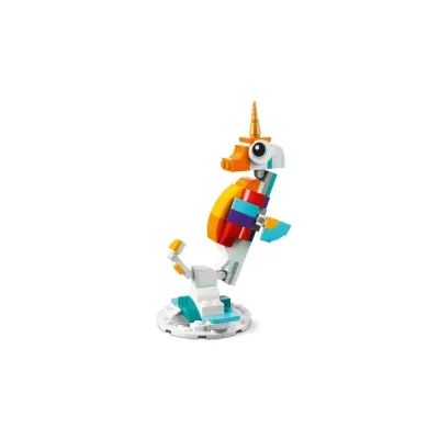 Miniatura de pássaro unicórnio em blocos coloridos sobre suporte branco