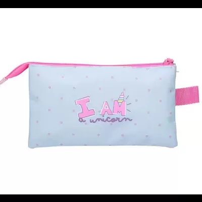 Estojo retangular azul claro com fecho rosa e texto decorativo