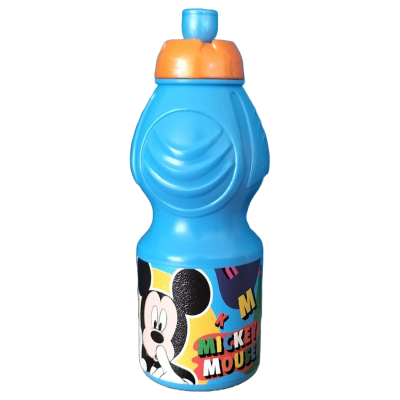 Garrafa desportiva azul com tampa laranja e etiqueta colorida do Mickey Mouse