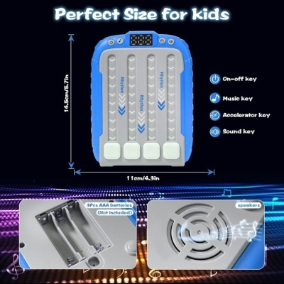Dispositivo musical infantil azul com botões e etiquetas de funções em fundo escuro