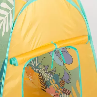 Tenda amarela com aba aberta e padrão colorido interior