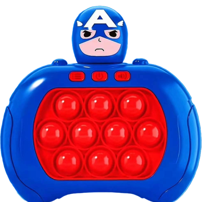 Controle azul com bolhas vermelhas e rosto de personagem com A na testa