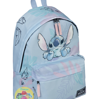 Mochila azul claro com personagem Stitch e padrão de folhas em tons pastel