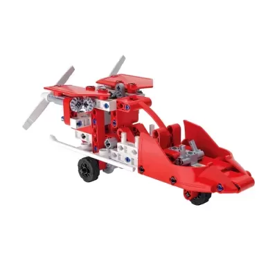 Helicóptero de brinquedo vermelho feito de peças encaixáveis tipo Lego