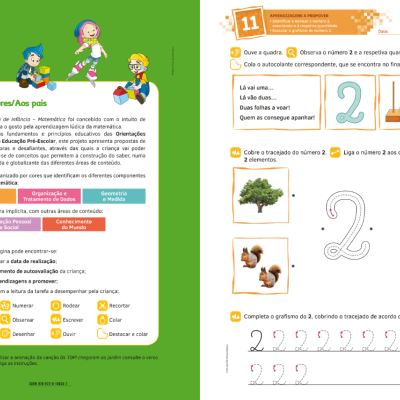 Livro educativo infantil aberto com atividades relacionadas ao número 2 e texto explicativo em português.