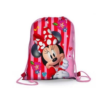 Mochila saco cor-de-rosa com imagem da Minnie Mouse e padrões coloridos
