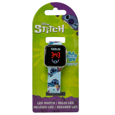 Relógio digital LED Disney Stitch com bracelete azul e embalagem verde roxa.