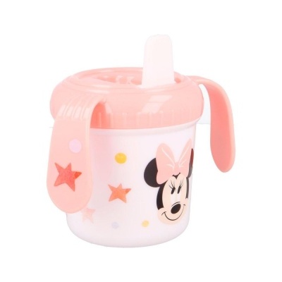 Copo infantil branco com tampa rosa e imagem da Minnie Mouse