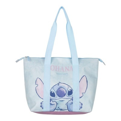Saco de praia azul claro com personagem Stitch e texto OHANA