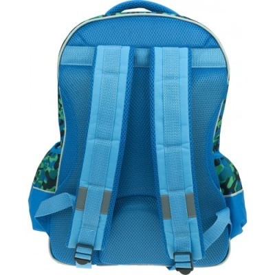Mochila azul com alças acolchoadas e padrão camuflado nas laterais