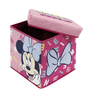 Caixa de arrumação rosa com rosto da Minnie Mouse e tampa aberta