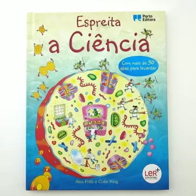 Capa do livro infantil Espreita a Ciência com ilustrações coloridas de células e cientistas