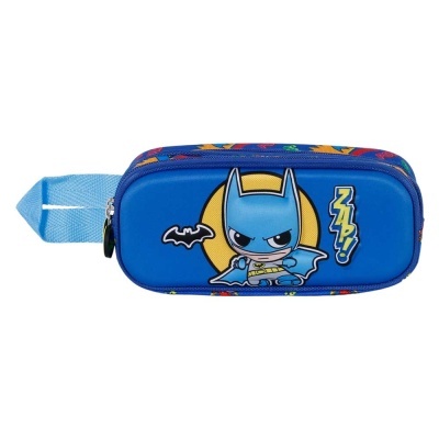 Estojo escolar azul com estampa do Batman cartoon e texto ZAPP!