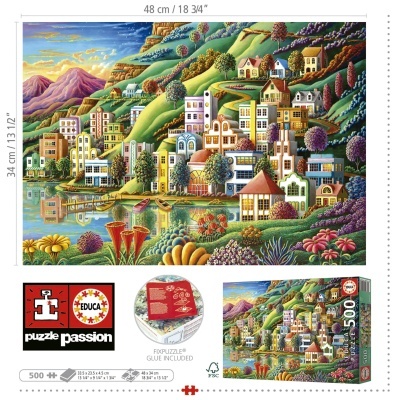 Puzzle de 500 peças com imagem de uma vila colorida junto a um lago com casas e natureza.
