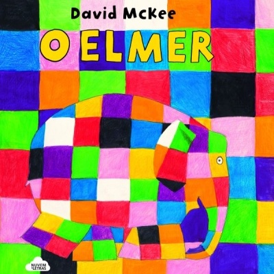 Capa de livro colorida com elefante em blocos coloridos e título O ELMER