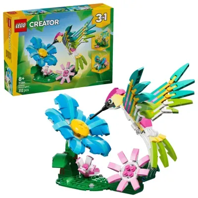 Conjunto LEGO Creator 3 em 1 beija-flor colorido com flores azuis e rosas