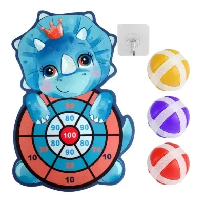 Jogo de dardos magnéticos com alvo de dinossauro azul e três bolas coloridas