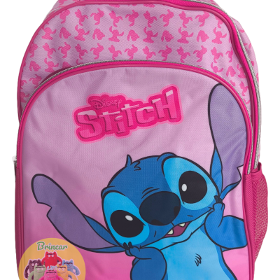 Mochila infantil rosa com personagem Stitch da Disney em azul na frente