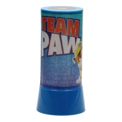 Recipiente plástico azul com rótulo TEAM PAW e personagem desenhado