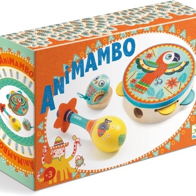 Conjunto musical infantil AniMAMBO com pandeireta e maracas coloridas numa caixa laranja