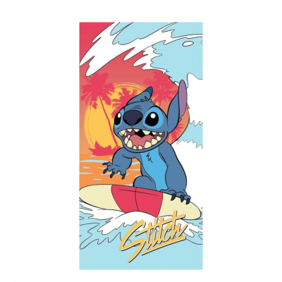 Toalha colorida com Stitch surfando em prancha, fundo solar com palmeiras e ondas